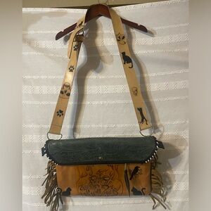 Crossbody Hand Tooled Green Painted Leather W/ Fringe Aztec Western Bag